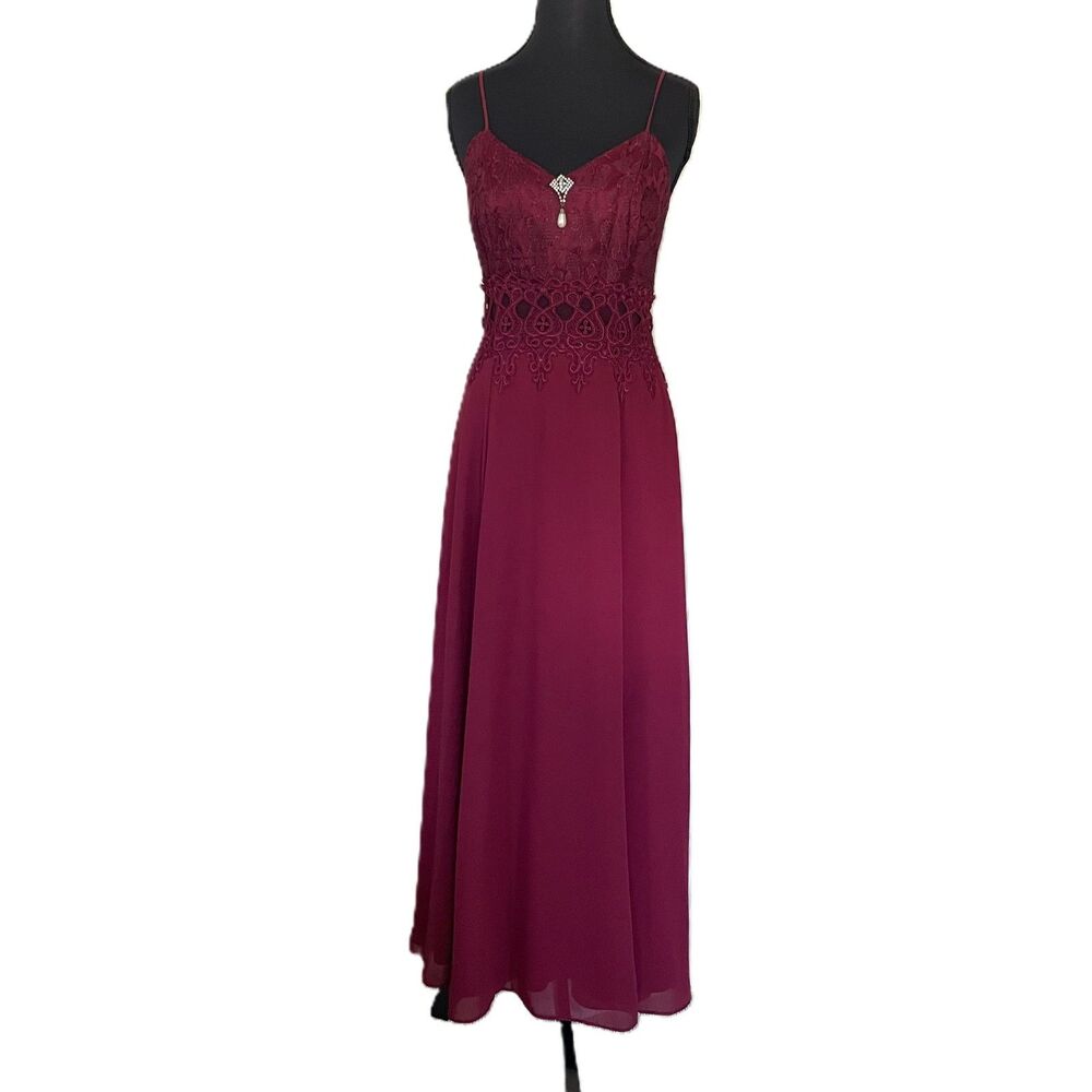 VTG Burgundy Lace Chiffon Formal Maxi Dress Spaghetti Strap Prom Gown Y2K Sz S